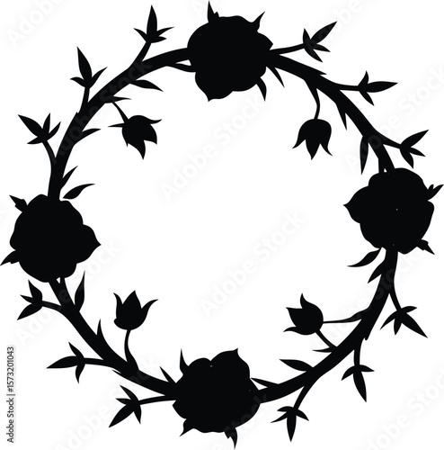 Elegant floral circle with roses and thorns a striking silhouette design