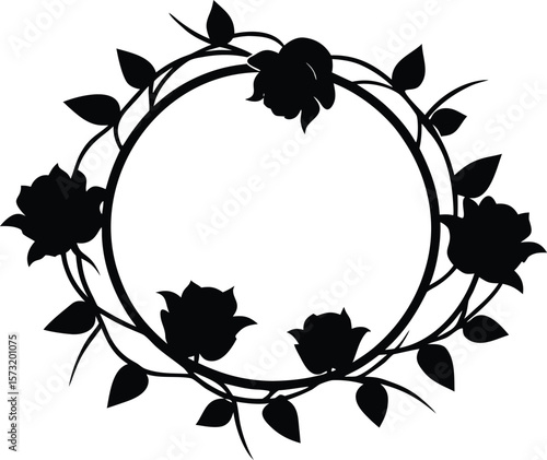 Elegant floral circle with roses and thorns silhouette design
