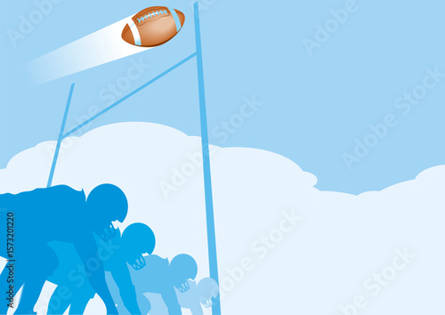 A football heading towards a field goal on a background of football players and blue sky