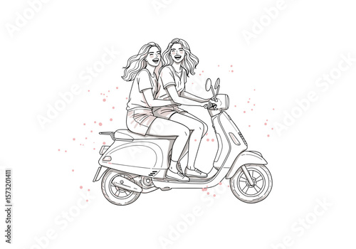 Two happy young women riding scooter, city travel and friendship