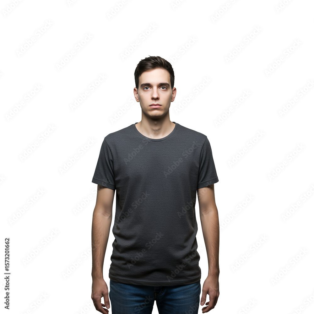 Obraz premium Surprised Young Man in Gray T Shirt Against Black Background