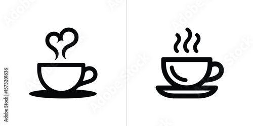 Line art coffee cup with steam heart symbol and hot drink icon on saucer