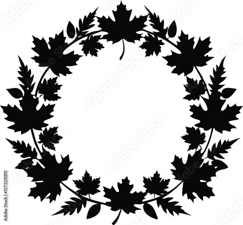 Elegant circular autumn wreath with maple leaves silhouette