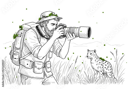 Male wildlife photographer with camera photographing a leopard in grass