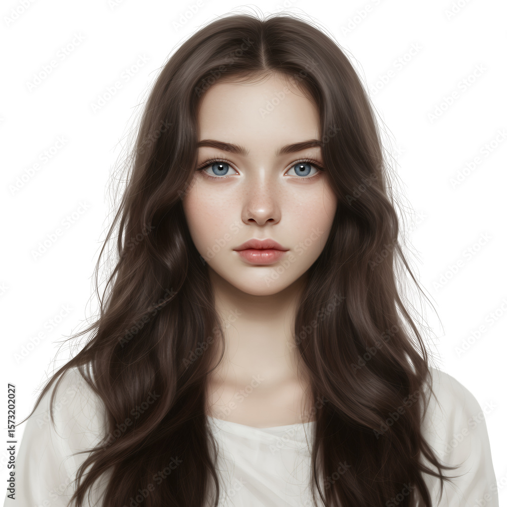 Portrait of a young woman with long brown hair and blue eyes, wearing a white shirt against a transparent background. Soft lighting enhances her Portrait of a young woman with long brown hair and blue eyes, wearing a white shirt against a transparent background. Soft lighting enhances her
