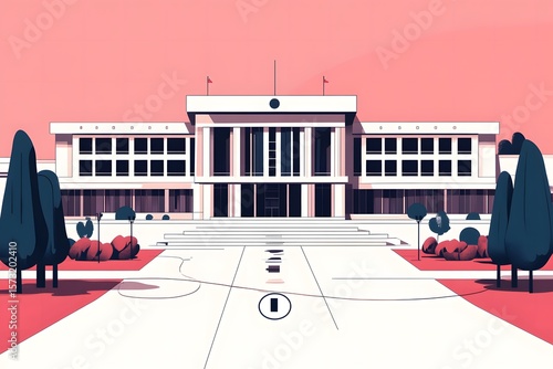 Government building illustration with modern architecture, surrounded by landscaped gardens and trees, symbolizing democracy and civic engagement in a vibrant political landscape