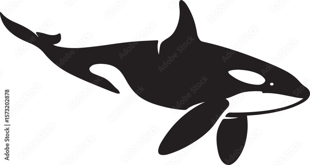 Naklejka premium Killer whale silhouette for sea designs, Dynamic black and white orca art