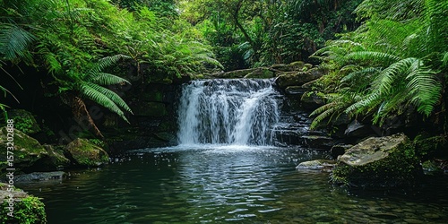 A waterfall surrounded by ferns and lush greenery