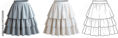 Fashion Flat Sketch and Realistic Renderings of a Tiered Ruffle Skirt in Multiple Views, Ideal for Apparel Design, Technical Drawings, and Clothing Illustrations