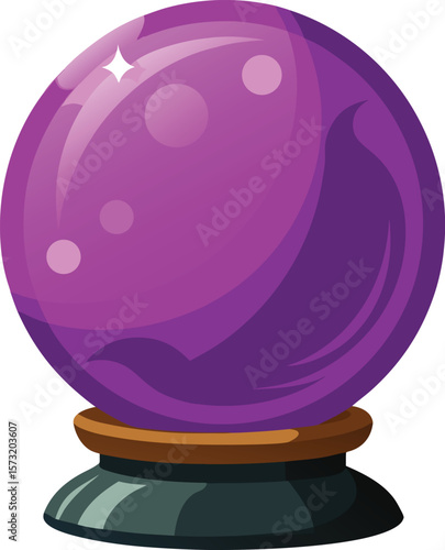Mystical purple crystal ball on a dark stand with sparkles