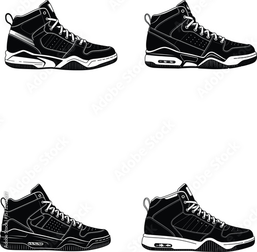 High-top basketball sneaker silhouette set — black and white vector art, illustration, line art.