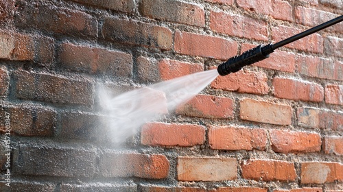 Pressure washing a brick wall. Intense spray removes dirt and grime. Contrasting clean and dirty sections highlight the cleaning process. Outdoor maintenance.