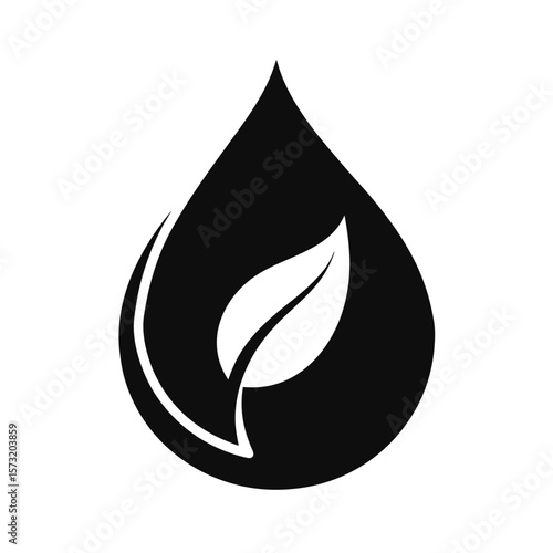 Water drop with leaf inside silhouette for eco nature conservation and hydration theme