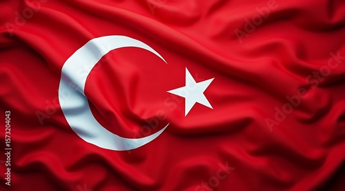 Close up of the Turkish flag with a white crescent moon and star turkey national