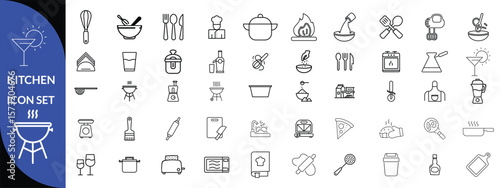Kitchen Utensil icon set. Editable Stroke Icon Collection. Includes chopping board, cooking pots, frying pan, grater, kitchen scale, and More. Outline icons vector collection