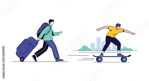 Person pulling luggage walking fast with another person riding a skateboard in a city