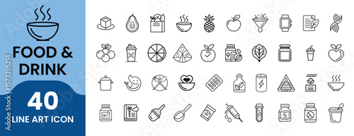 Food & Drink Icon Set. Outline linear icons pack including utensils, beverages, dining, restaurants, cooking, fast food, snacks, bars, coffee, kitchens, delivery, and culinary elements.