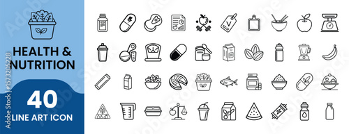 Health & Nutrition Icon Set. Outline linear icons pack featuring vitamins, supplements, healthy food, diet, wellness, fitness, medical, organic, herbs, fruits, vegetables.