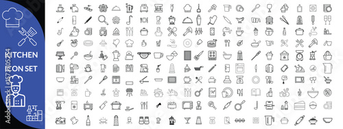 Kitchen Utensil icon set. Editable Stroke Icon Collection. Includes chopping board, cooking pots, frying pan, grater, kitchen scale, and More. Outline icons vector collection