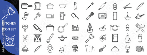 Kitchen Utensil icon set. Editable Stroke Icon Collection. Includes chopping board, cooking pots, frying pan, grater, kitchen scale, and More. Outline icons vector collection