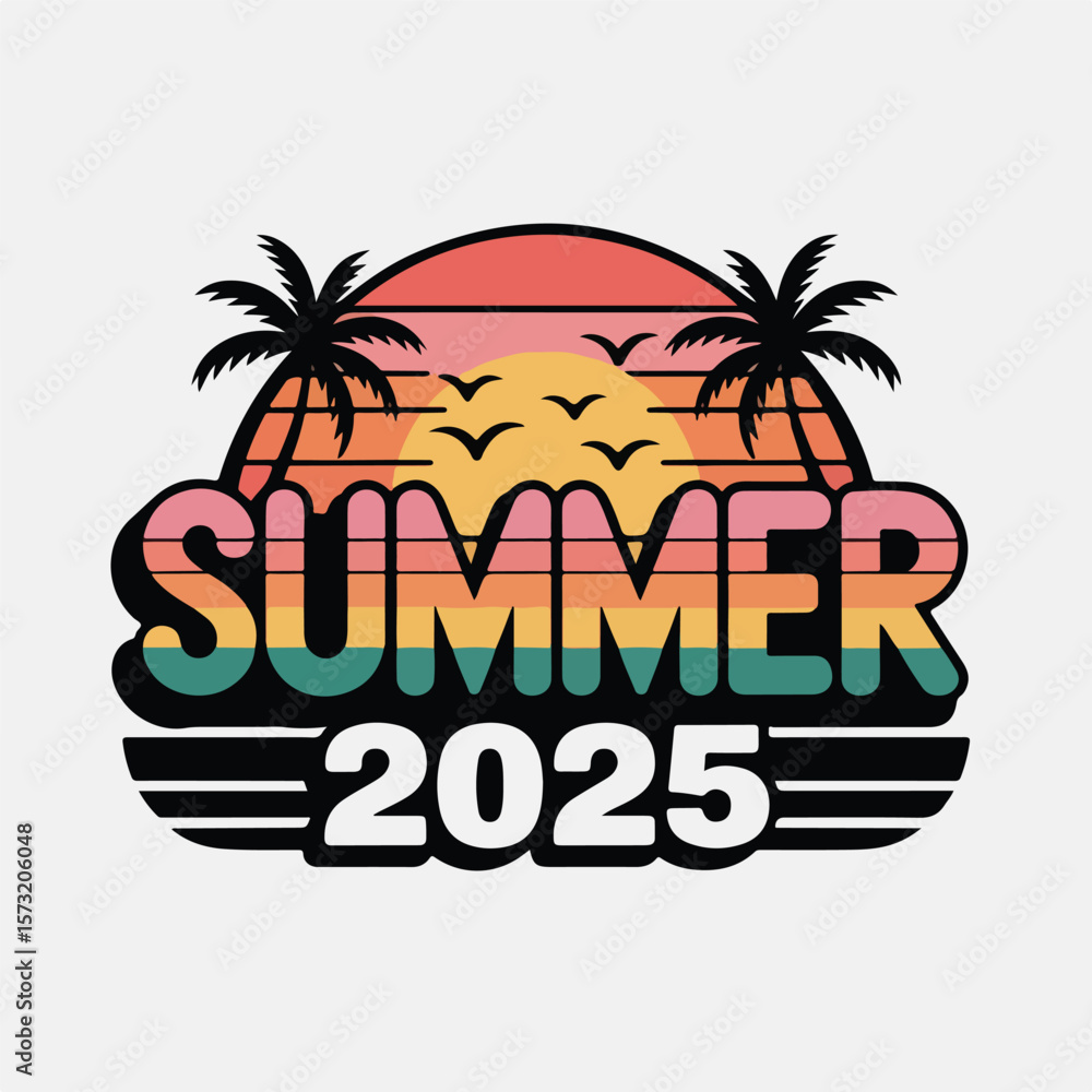 Naklejka premium Vintage Summer 2025 Logo Design with Sunset, Palm Trees, and Retro Typography