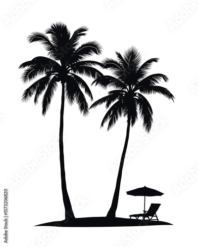 Black silhouette of two palm trees and beach chairs with umbrella tropical vacation