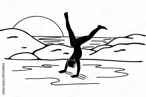 Person doing cartwheel on beach at sunset ocean