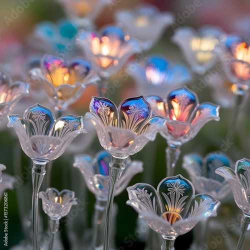 A closeup image of a garden filled with delicate glass flowers. 