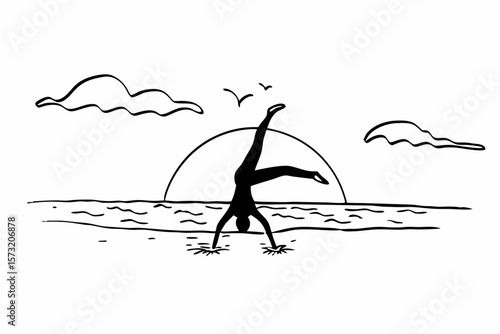 Silhouette of person doing cartwheel on beach at sunset ocean
