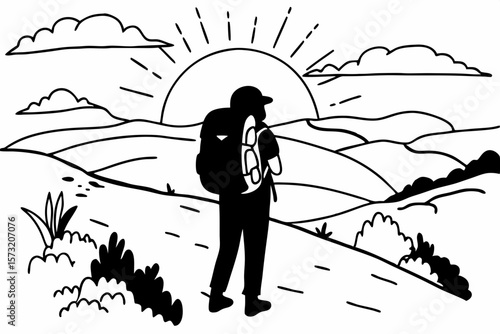 Hiker with backpack against sunrise landscape mountains