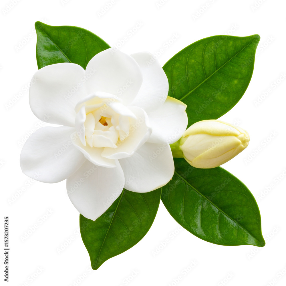 Naklejka premium Gardenia Bud and Open Flower on Same Stem, isolated on a transparent background