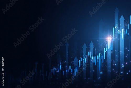Digital abstract background with glowing blue upward arrows and candlestick charts representing financial growth and market success in a dark futuristic setting with bokeh effects