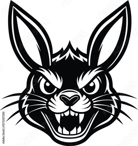 Black and white tribal vector illustration of a wild rabbit and wolf head symbol, harmony, duo, symmetry, hunt, wilderness, expression, traditional