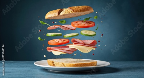 A deconstructed sandwich with floating ingredients including bread, salami, cheese, tomato, cucumber, and basil against a dark blue background on a white plate