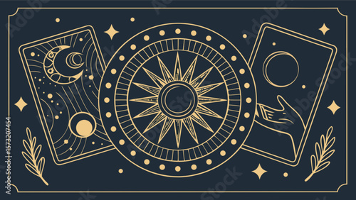 Tarot card reading astrology sun moon esoteric spiritual guidance and oracle deck illustration design