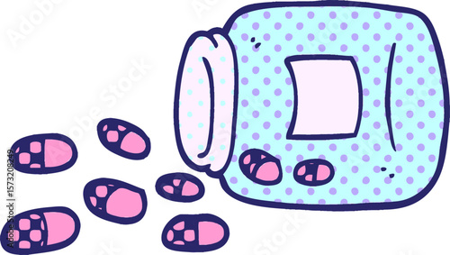 comic book style cartoon jar of pills in bright neon color