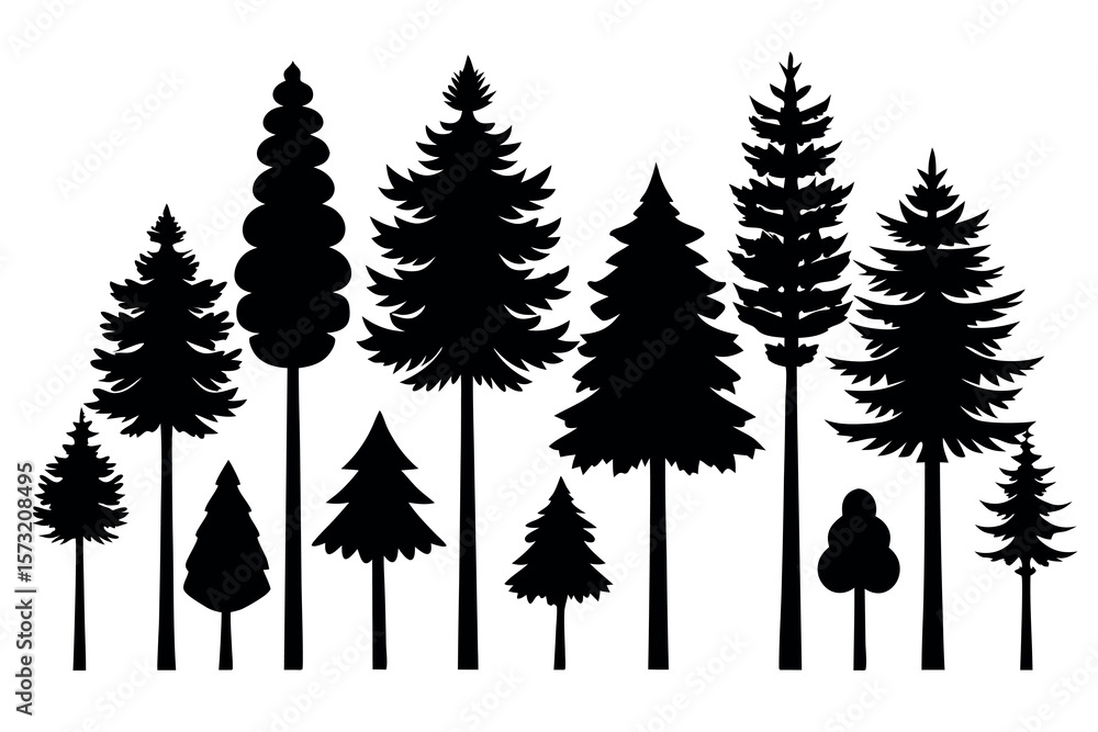 Fototapeta premium Minimalist Evergreen Tree Silhouettes – Isolated Pine and Spruce Forest Vector Design