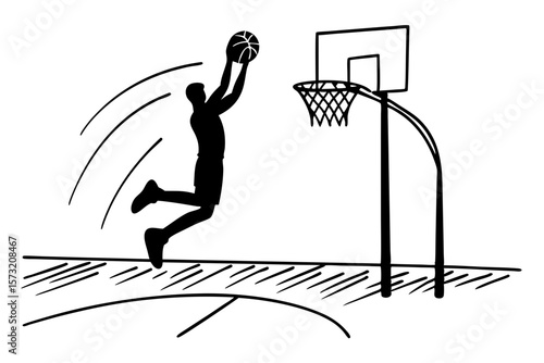 Silhouette of a basketball player dunking jump hoop