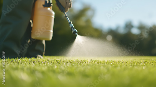Applying liquid fertilizer to grass with a sprayer for lawn care and maintenance, ensuring a healthy and vibrant green lawn.