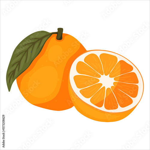 Orange fruit with leaf and a cut slice, a colorful and appetizing depiction