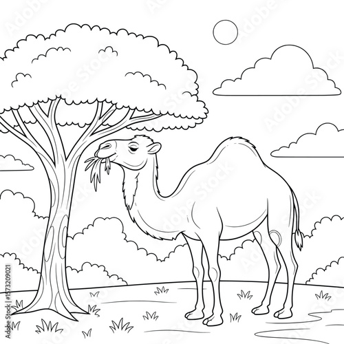Camel Eating Leaves from Tree – Desert Animal Coloring Page – Dromedary Line Art for Kids Education