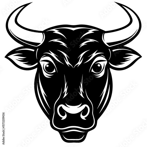Intense black bull head with powerful horns and piercing eyes silhouette