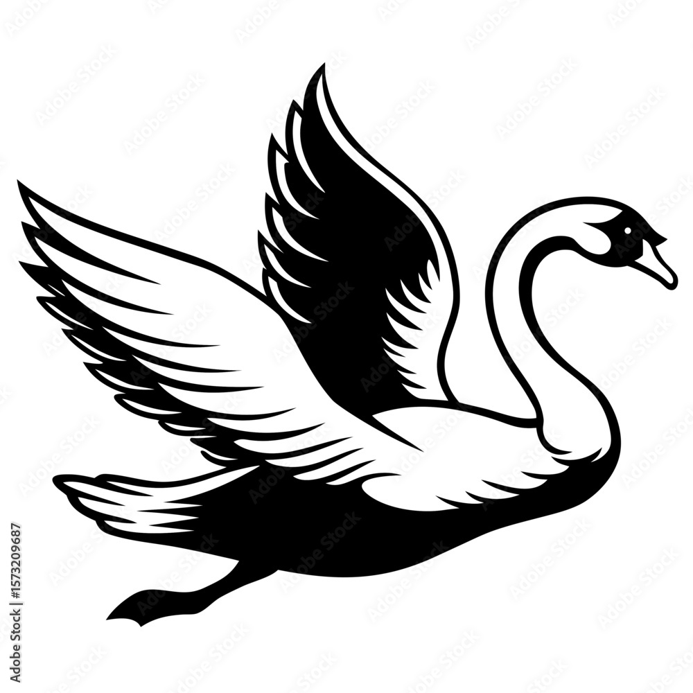 Fototapeta premium Graceful swan in flight with wings spread wide silhouette