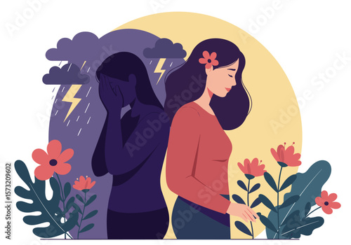 A vector illustration depicts a woman experiencing inner conflict, with one side representing happiness and the other sadness, set against a decorative floral background.