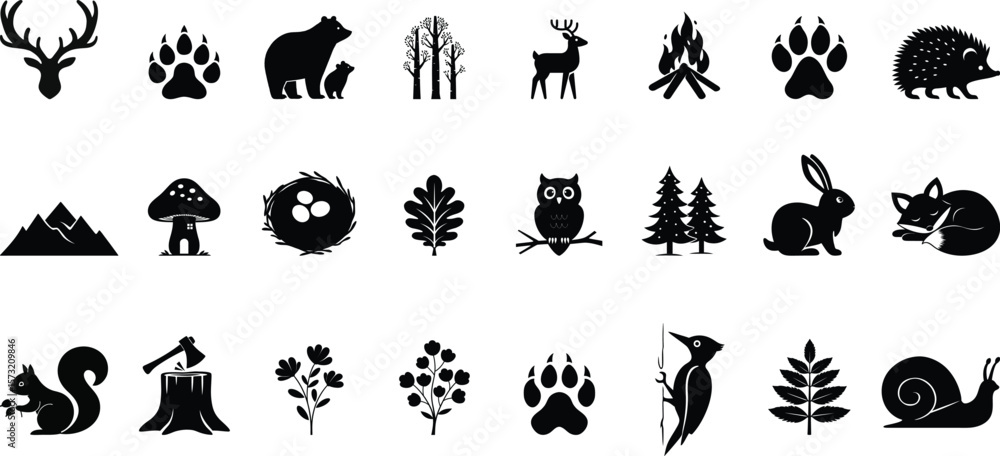 Fototapeta premium Forest wildlife silhouette bundle featuring 24 nature-themed icons including animals, trees, and outdoor elements