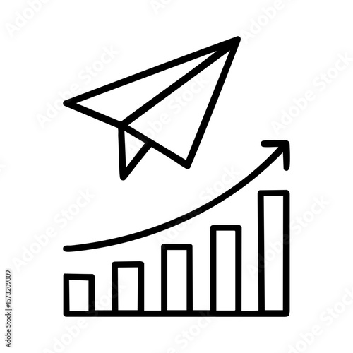 Email campaign growth icon with paper plane and increasing sales chart