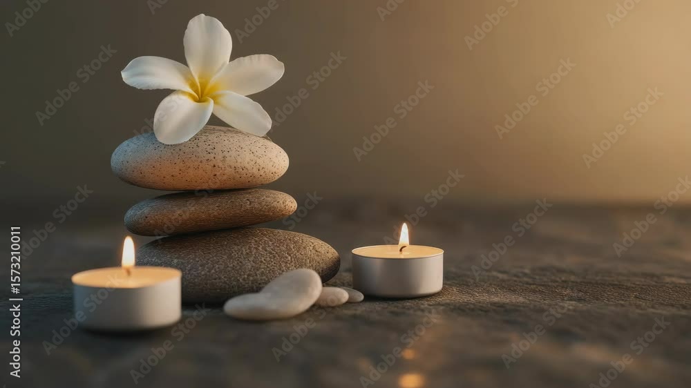 A tranquil setting for mindfulness and reflection. Three white candles, symbolizing purity and clarity, sit at the base of a small pile of beach stones that represent stability and peace. A tranquil setting for mindfulness and reflection. Three white candles, symbolizing purity and clarity, sit at the base of a small pile of beach stones that represent stability and peace.