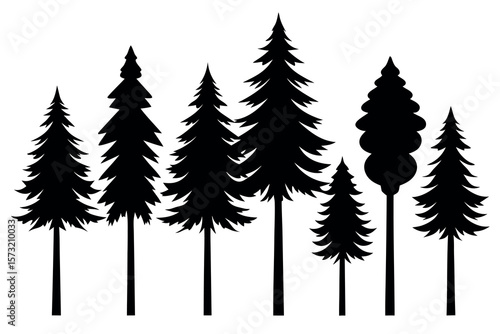 "Evergreen Tree Silhouette Vector Set – Forest Landscape with Pine, Fir, and Spruce Trees