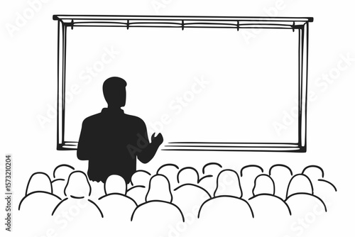 Speaker presenting to audience in front of whiteboard presentation lecture