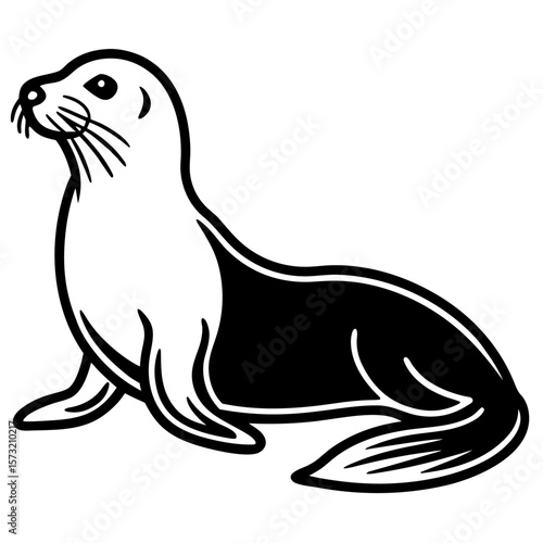 A detailed black and white illustration of a seal resting on its flippers silhouette